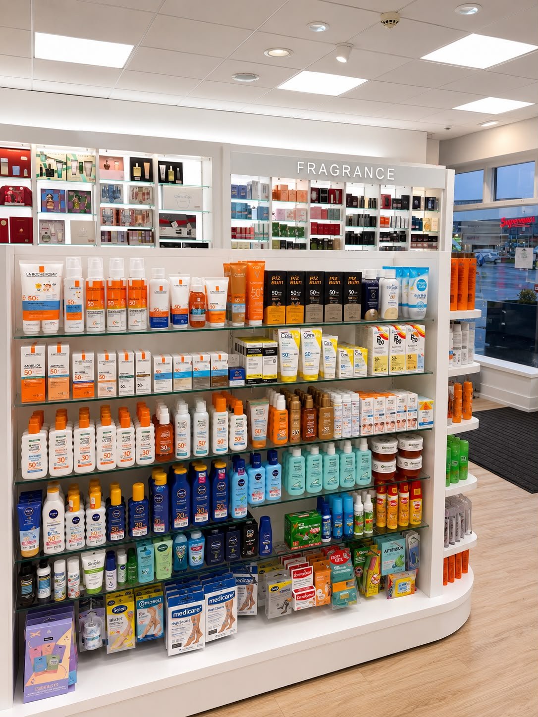 Inside Laois Pharmacy — suncare and beauty products display