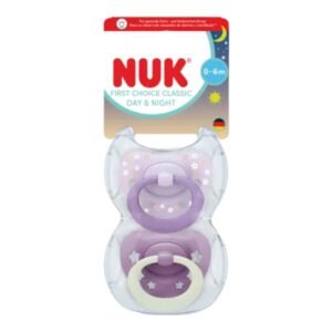 NUK First Choice Classic Day & Night Soothers – Girl, 0-6 Months (2 Pack)