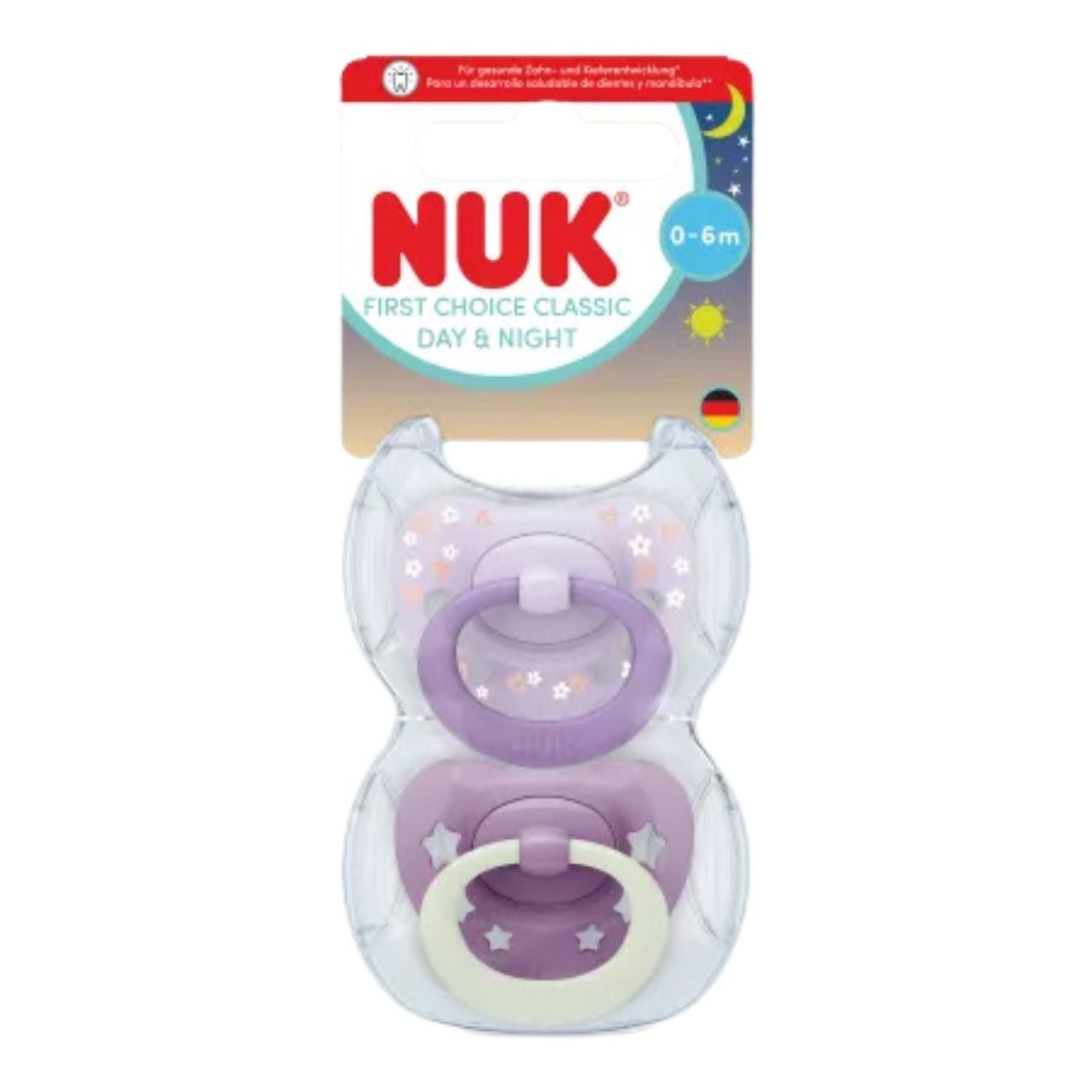 NUK First Choice Classic Day & Night Soothers – Girl, 0-6 Months (2 Pack)