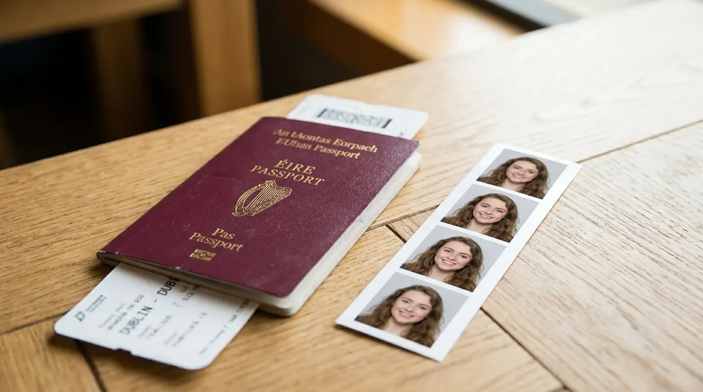 Irish passport with printed passport photo strip at Laois Pharmacy Portlaoise
