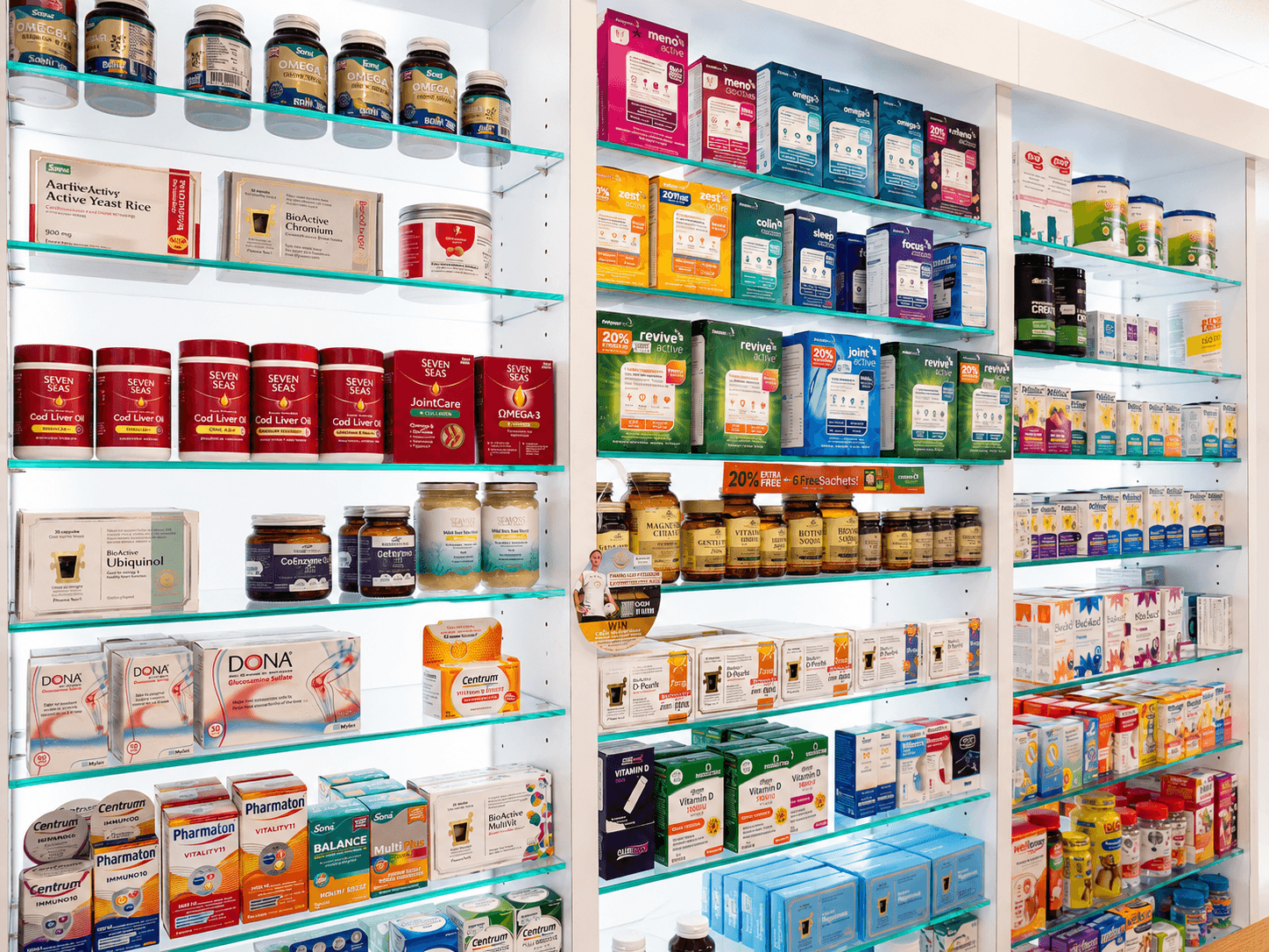 Vitamins and supplements wall at Laois Pharmacy