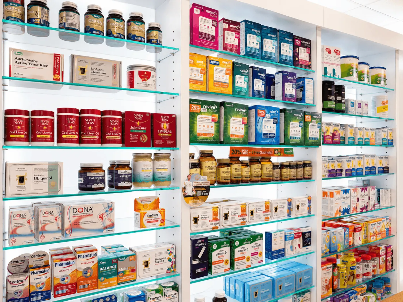 Vitamins and supplements wall at Laois Pharmacy