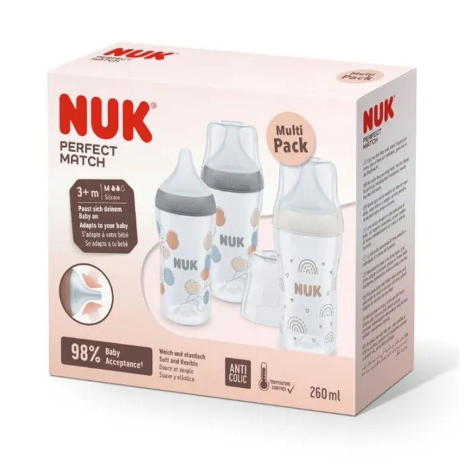 Nuk Perfect Match Feeding Bottle 3x260ml 3 Mnths+ Rainbow Twig