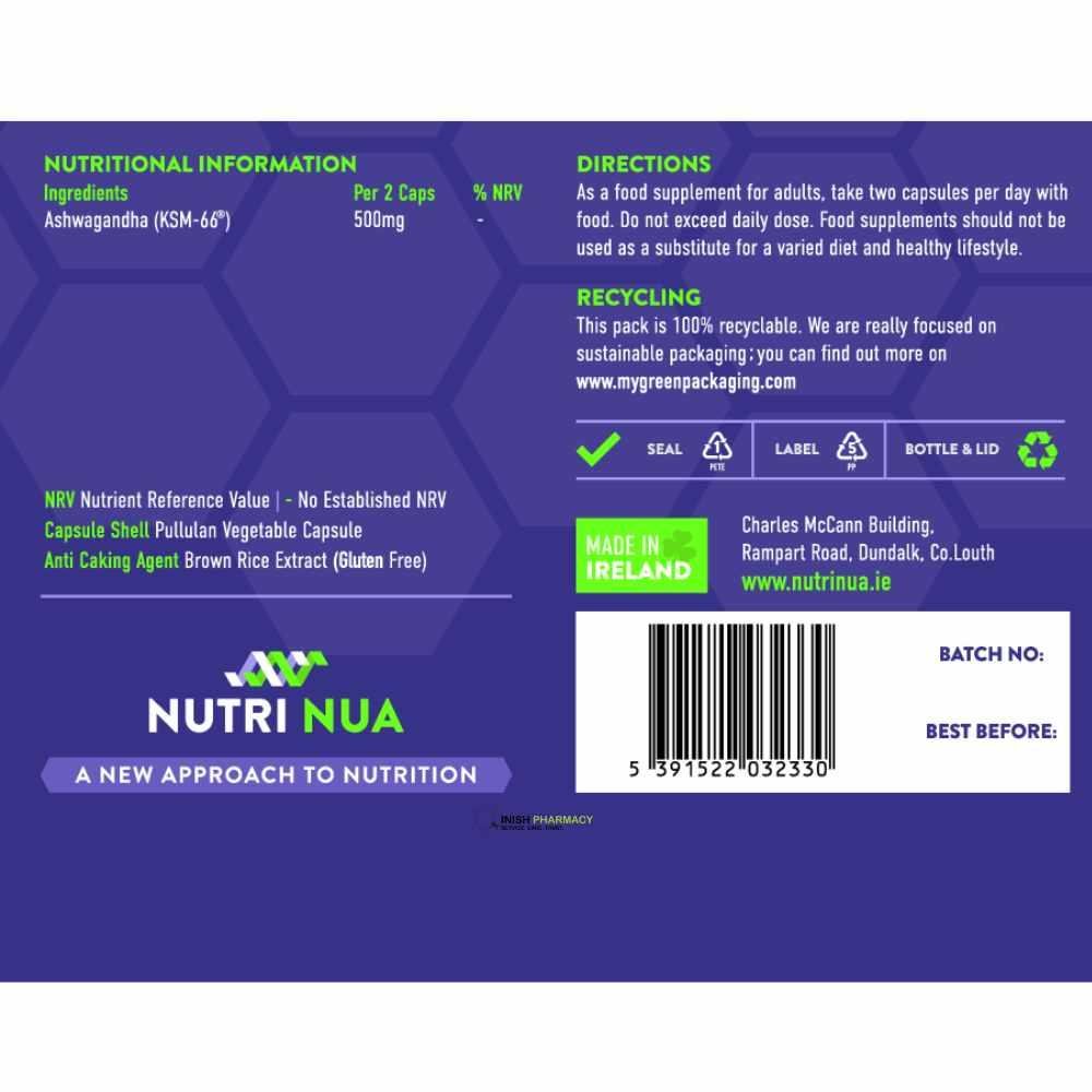Nutri Nua Ashwagandha KSM-66 500mg, 60 Capsules label and ingredients