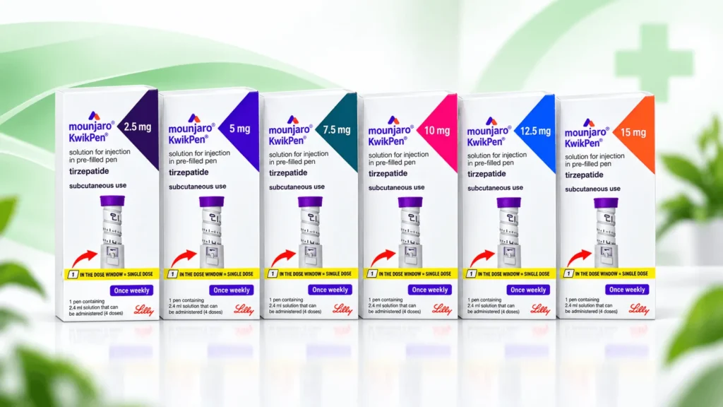 Mounjaro KwikPen boxes in all six strengths, 2.5 mg, 5 mg, 7.5 mg, 10 mg, 12.5 mg and 15 mg tirzepatide once-weekly pens, available on prescription at Laois Pharmacy, Portlaoise
