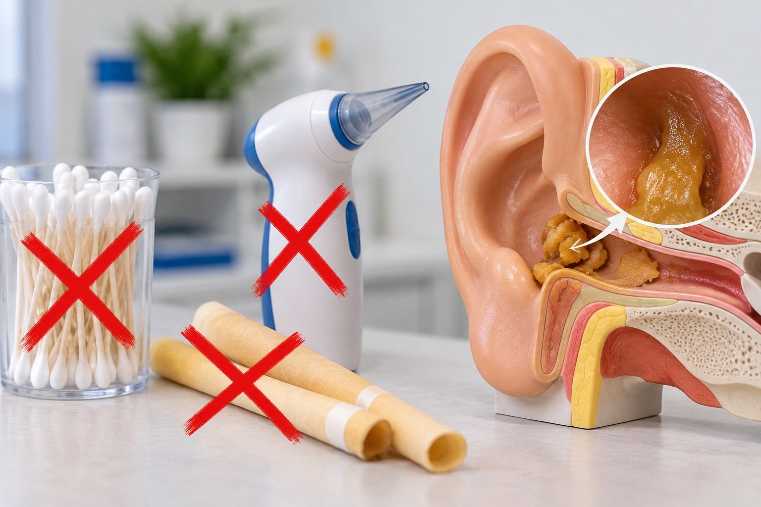 Cotton buds, ear candles and an ear vacuum crossed out beside an ear model showing wax in the ear canal