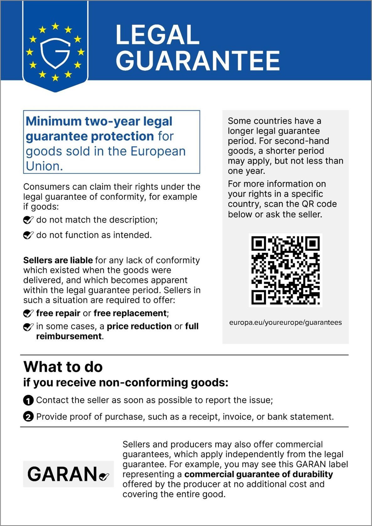 Official EU notice: Legal guarantee. Minimum two-year legal guarantee protection for goods sold in the European Union. The full text of the notice is given below the image.