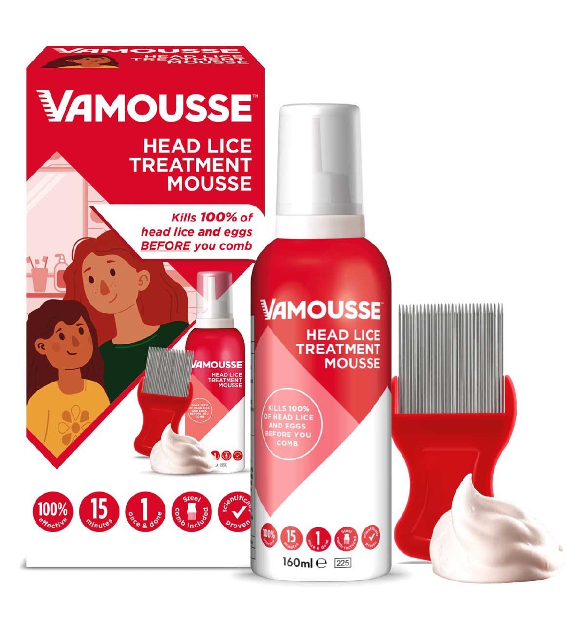 Vamousse Head Lice Treatment Mousse 160ml with steel comb